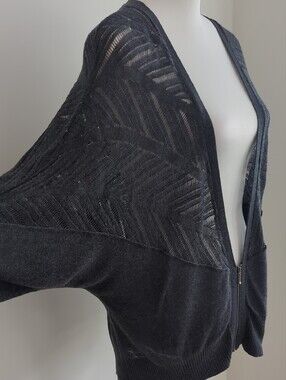 Open-Knit Chevron Cutout Zip Front Women’s Cardigan in Charcoal Grey